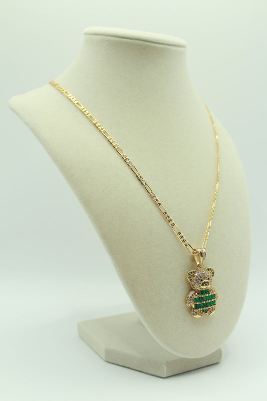 Gold -Plated 18K Teddy Bear Pendant Necklace with Green and Gem Accents – Adorable and Unique Design