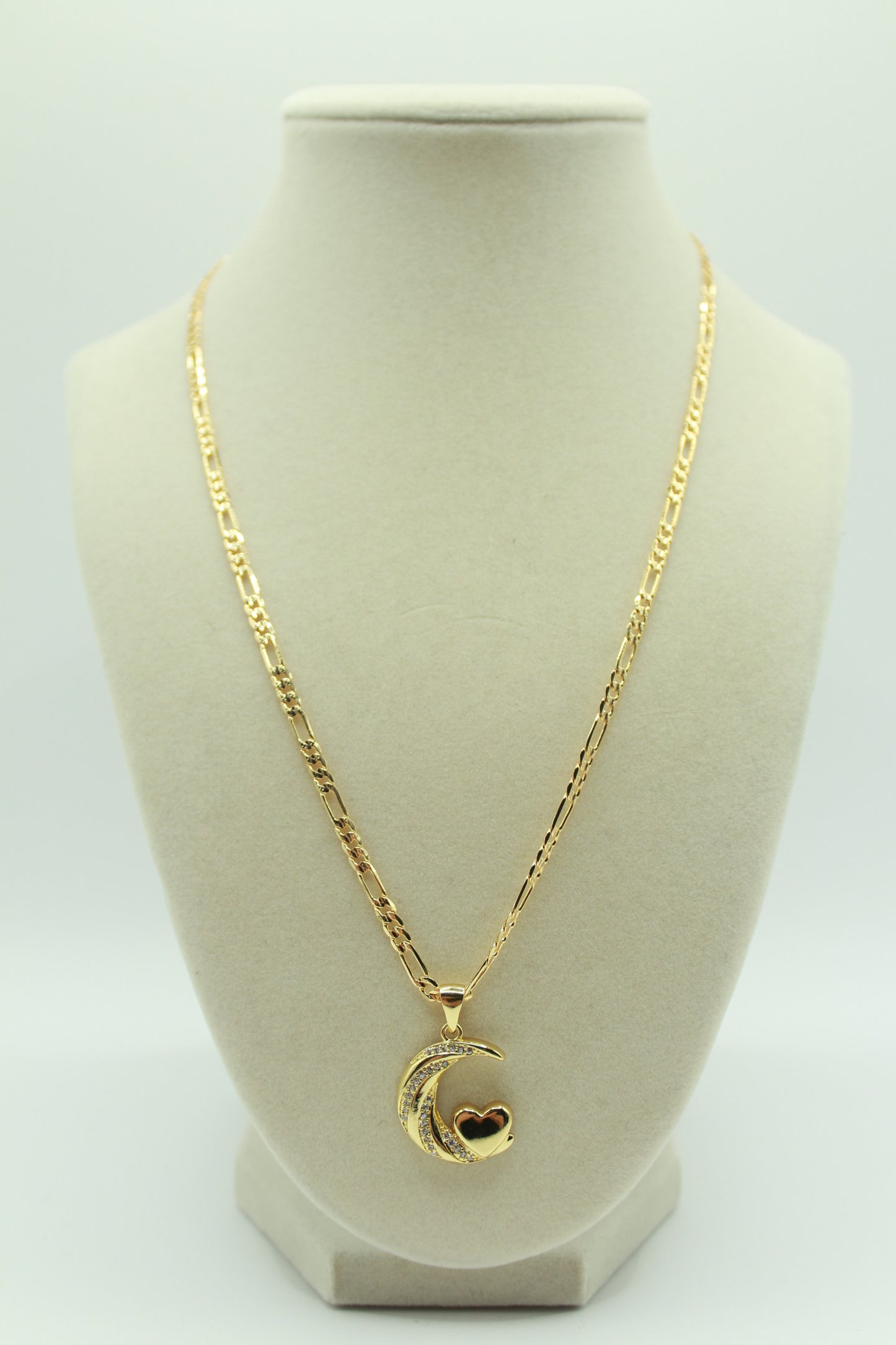 Gold Plated 18K Crescent Moon and Heart Pendant with Sparkling Crystal Accents