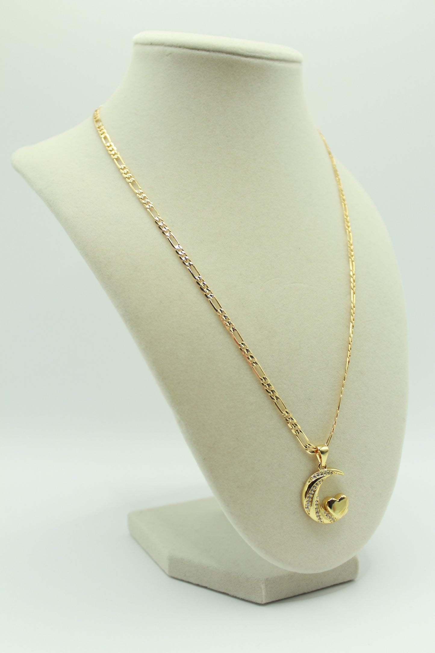 Gold Plated 18K Crescent Moon and Heart Pendant with Sparkling Crystal Accents