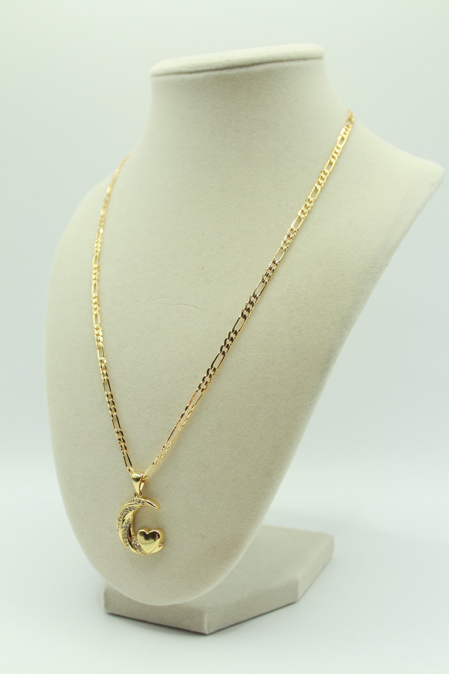 Gold Plated 18K Crescent Moon and Heart Pendant with Sparkling Crystal Accents