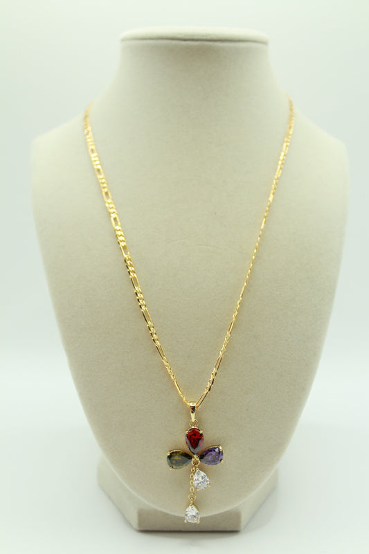 Gold Plated 18K Cross Pendant Necklace with Multi-Colored Gemstones – Elegant Tear-Drop Design