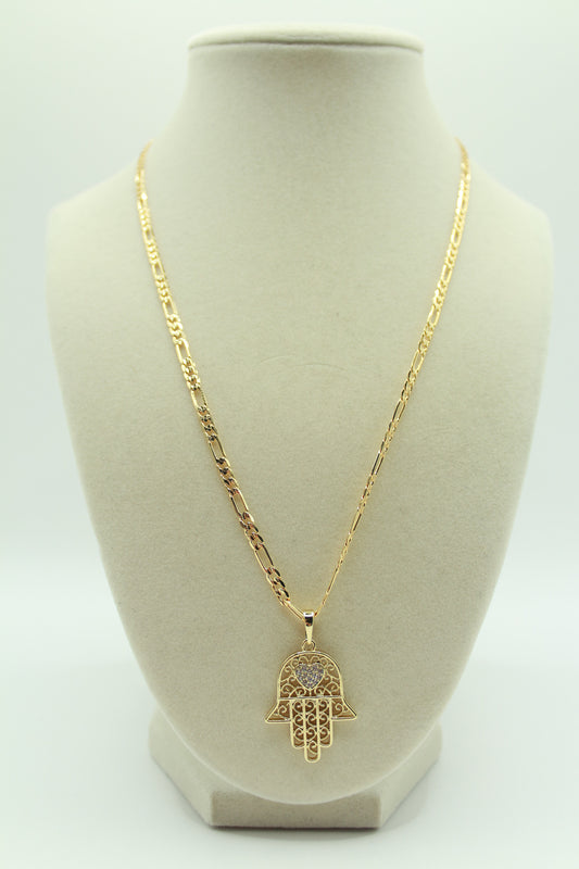 Gold Plated 18K Hamsa Hand Pendant with Heart and Intricate Filigree Design