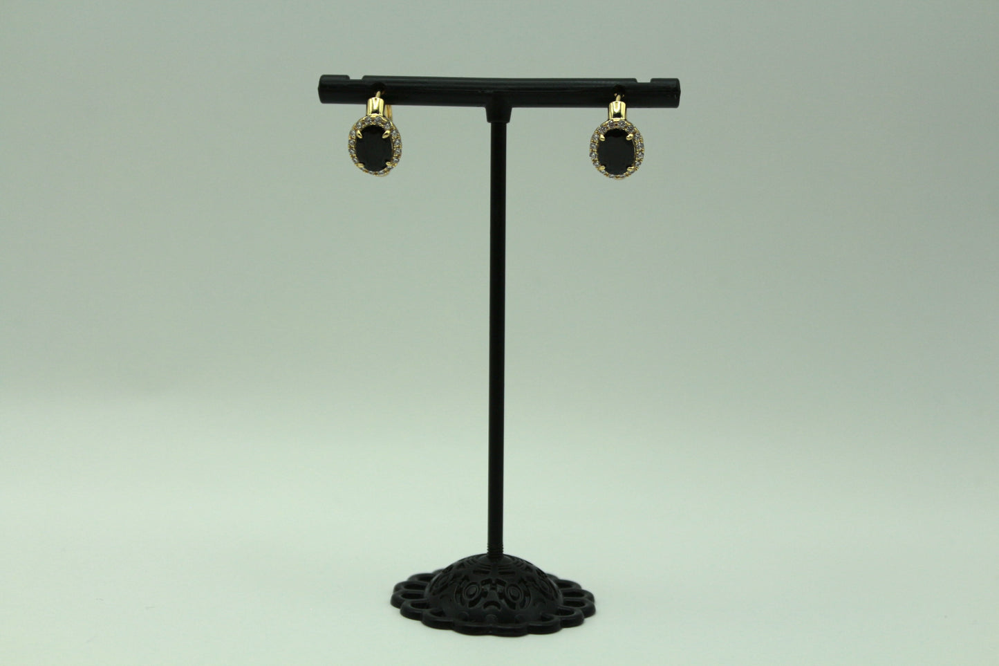 Gold-Plated 18K Black Oval Drop Earrings with Halo Crystal Accents