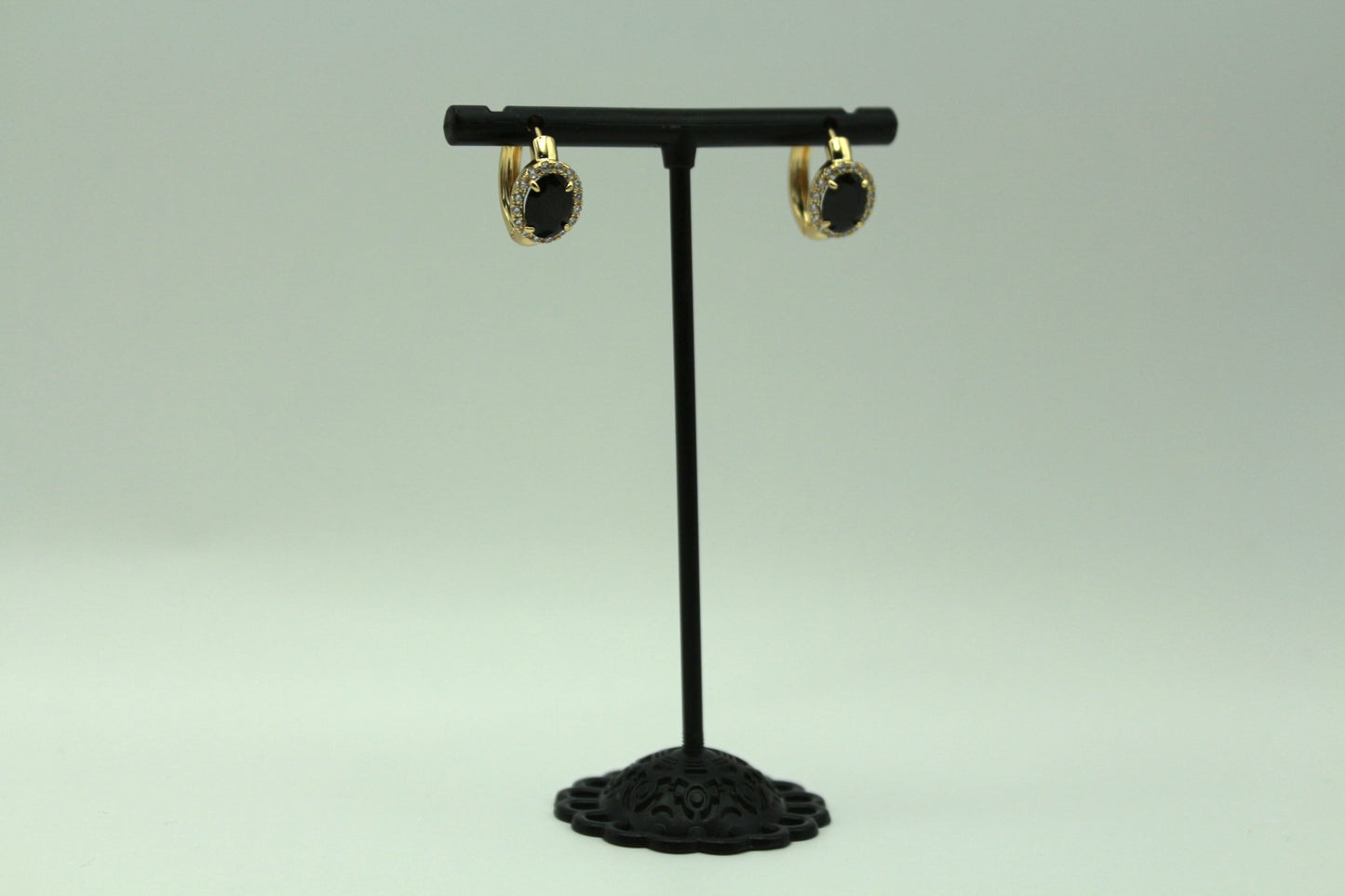 Gold-Plated 18K Black Oval Drop Earrings with Halo Crystal Accents