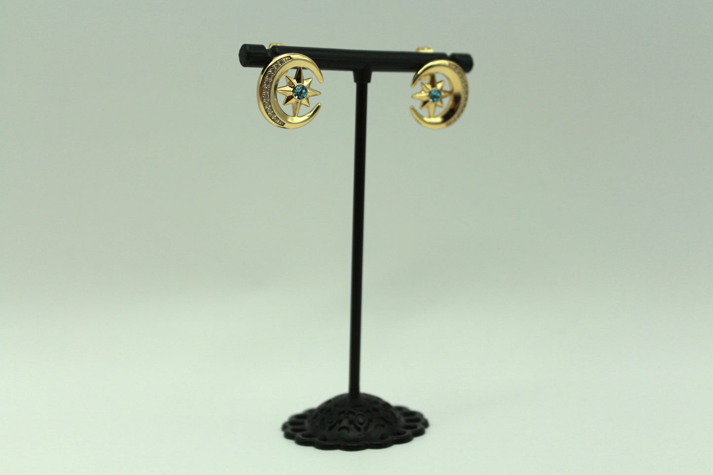 Gold-Plated 18K Crescent Moon and Star Earrings with Blue Crystal Accents