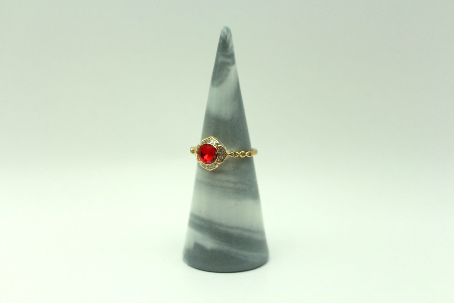 18K Gold Plated Ring with Ruby Red Center Stone and Halo Crystal Accent